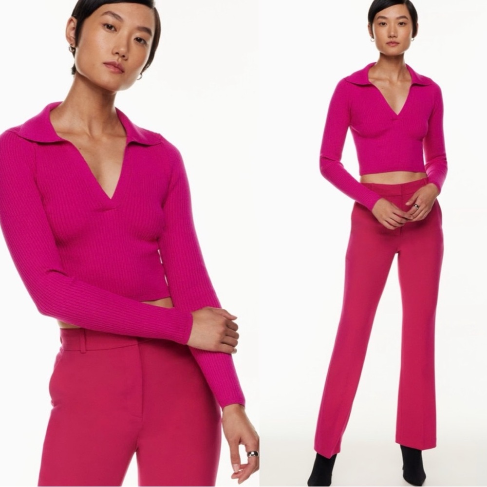 NEW Aritzia Babaton sculpt‎ knit ribbed top polo long sleeve pink